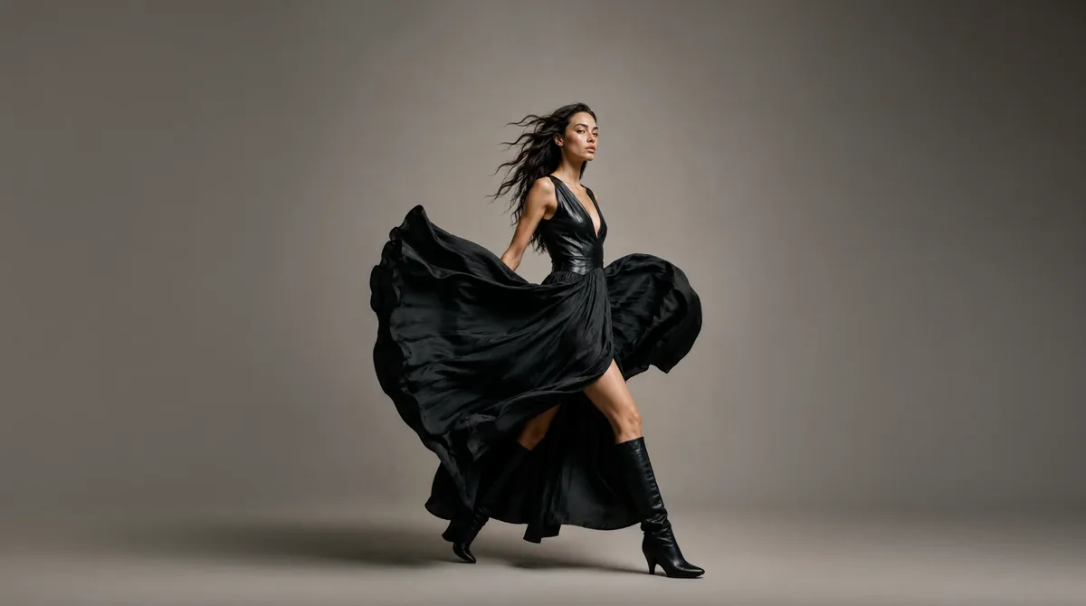AI-generated fashion model in a flowing black dress against a warm studio backdrop