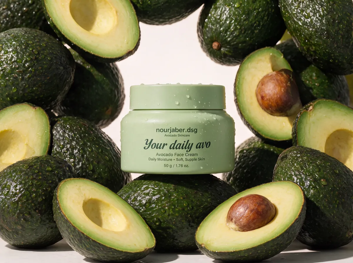 Your Daily Avo skincare jar surrounded by fresh whole and sliced avocados