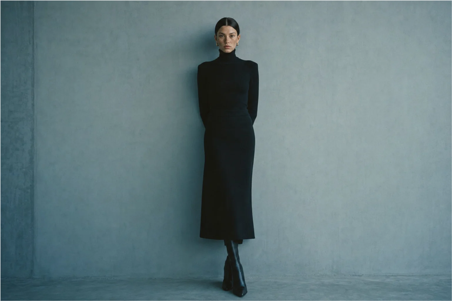 Minimal full-length fashion frame against a cool blue wall