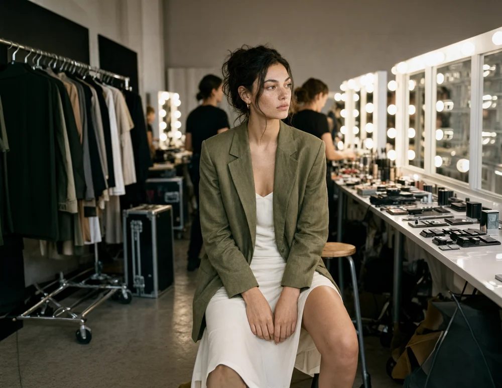 Quiet backstage portrait seated at a dressing-room mirror
