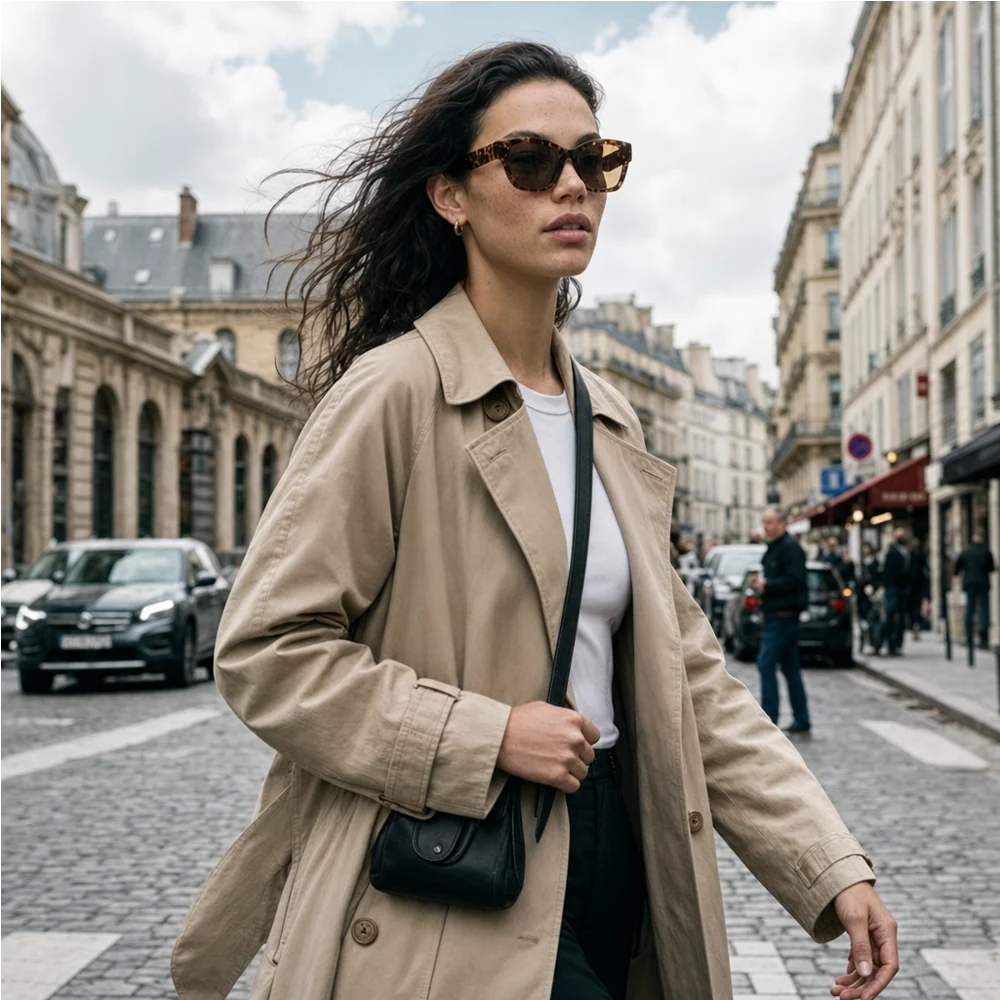 Sunglasses and trench coat in an urban campaign scene