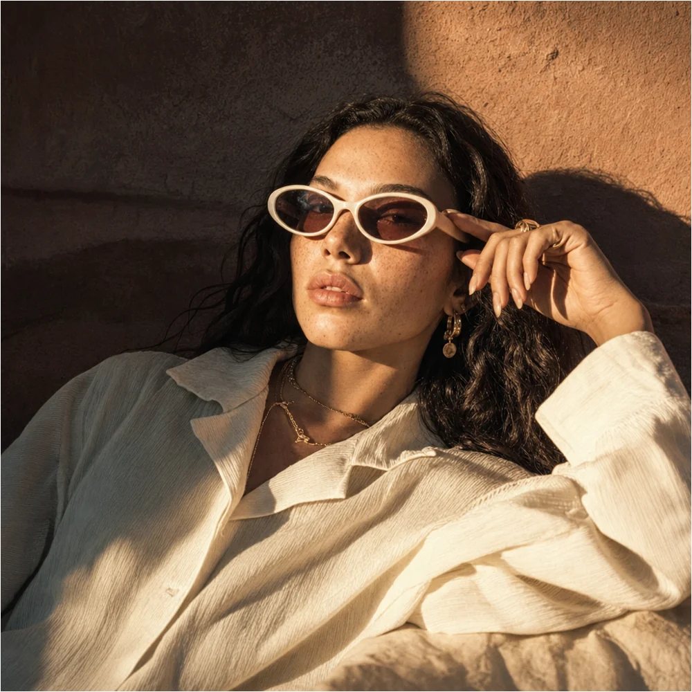 Relaxed eyewear campaign portrait with pale sunglasses
