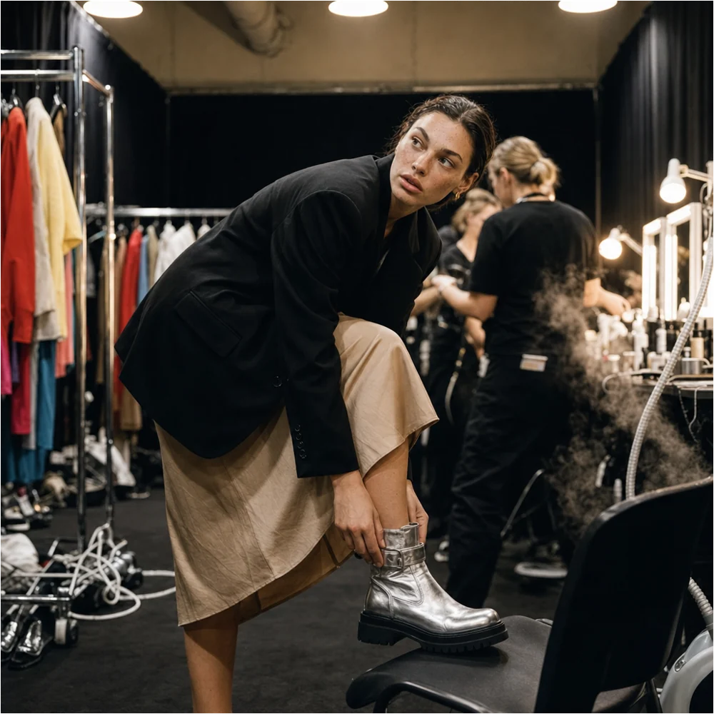 AI-generated backstage moment adjusting a metallic boot