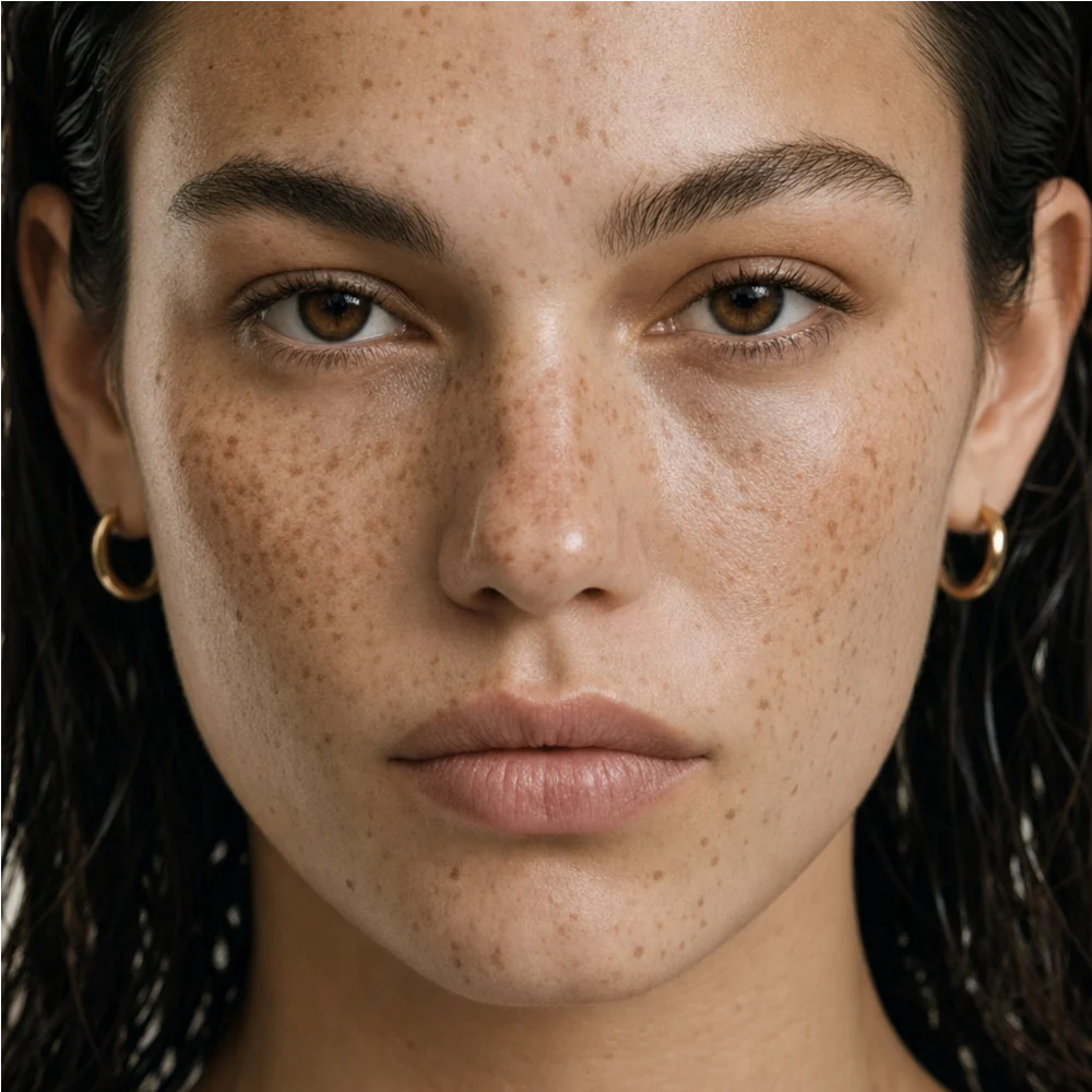 Close-up introduction to the AI model, showing facial structure and freckles