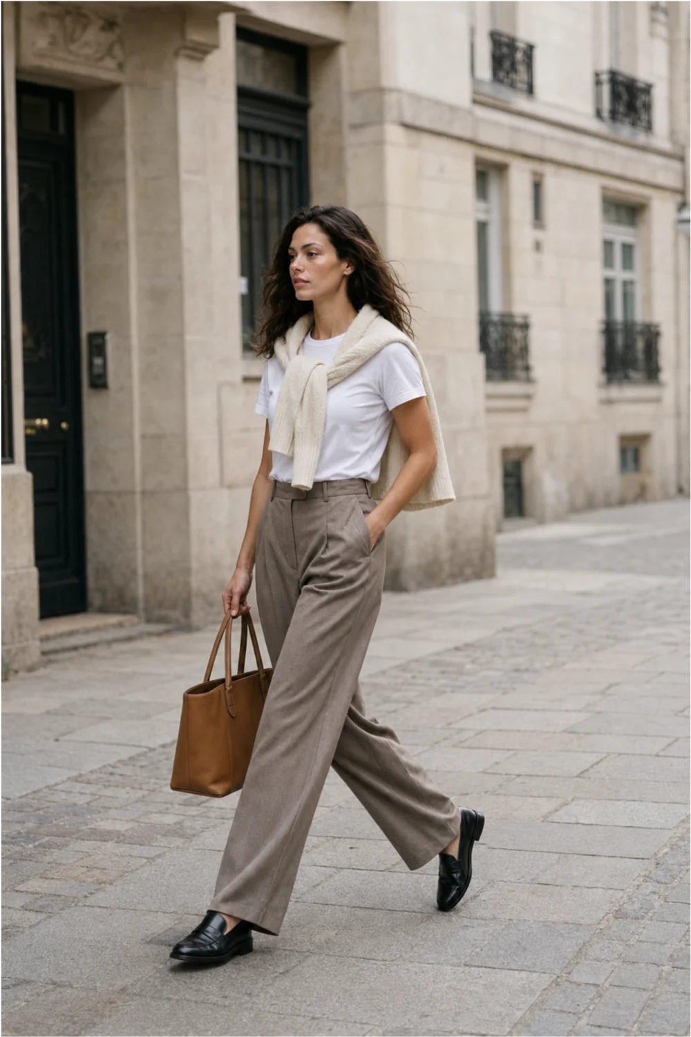 White shirt and tailored trousers on a city street