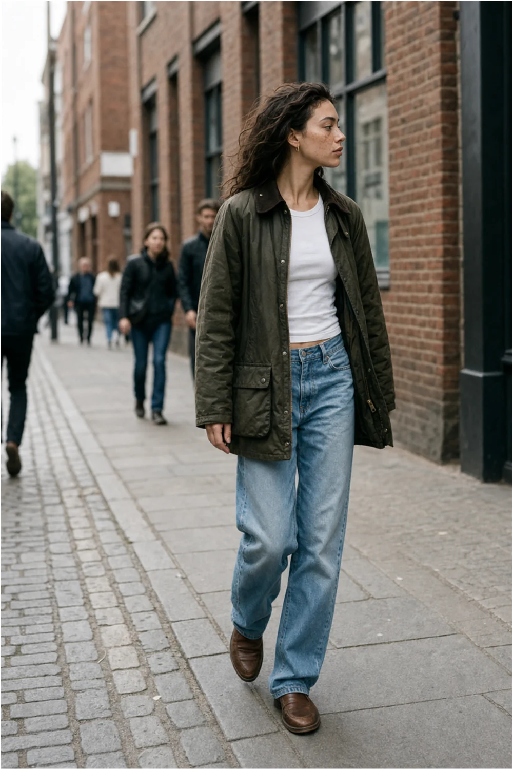 Urban look with jeans and an olive jacket