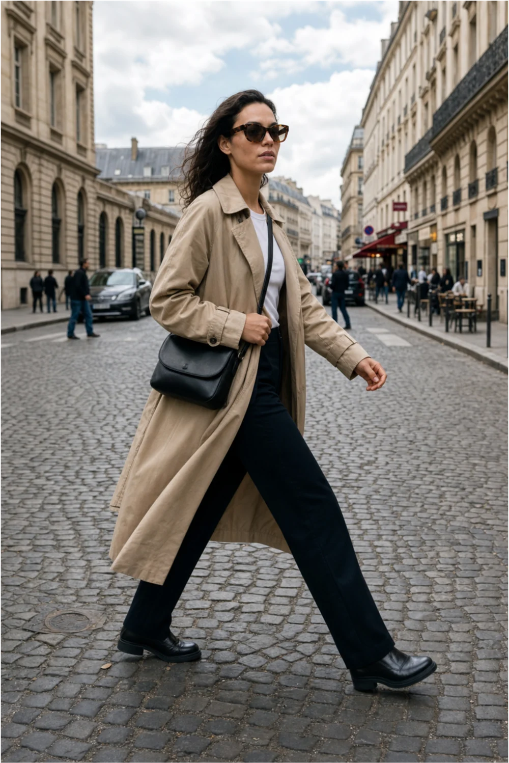Walking in a trench coat and sunglasses