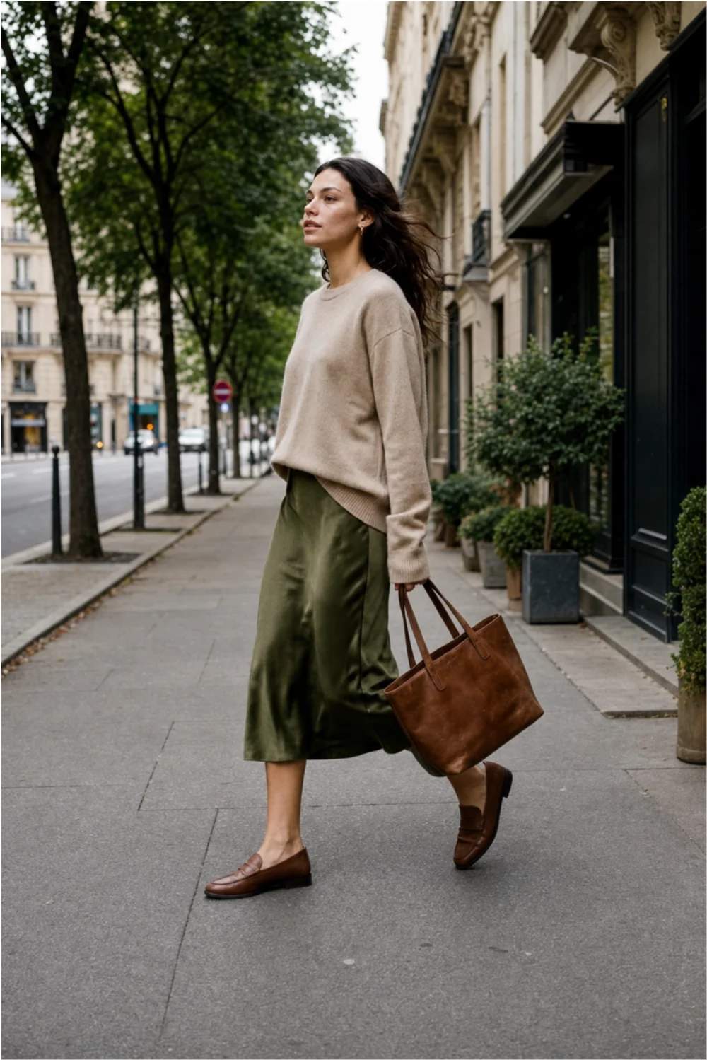 Street look with a long skirt and brown handbag