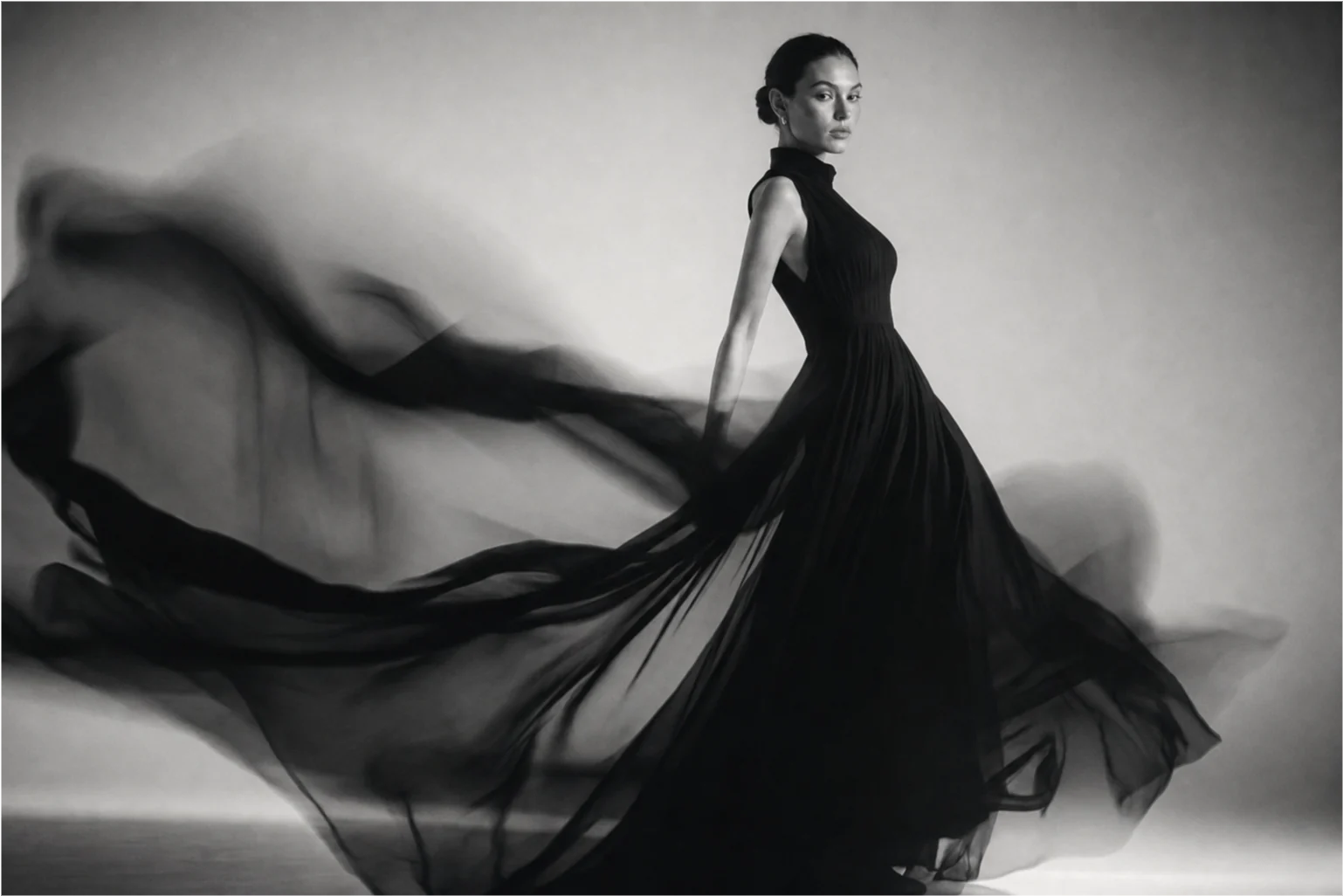 Flowing black dress in a wide monochrome campaign frame