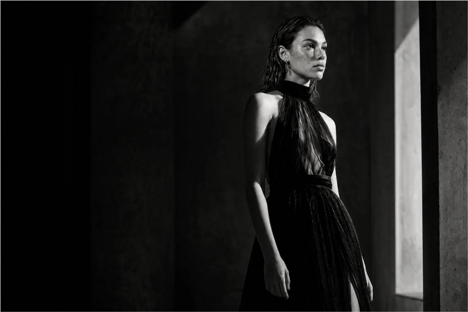 Dramatic black and white editorial portrait in a dark gown