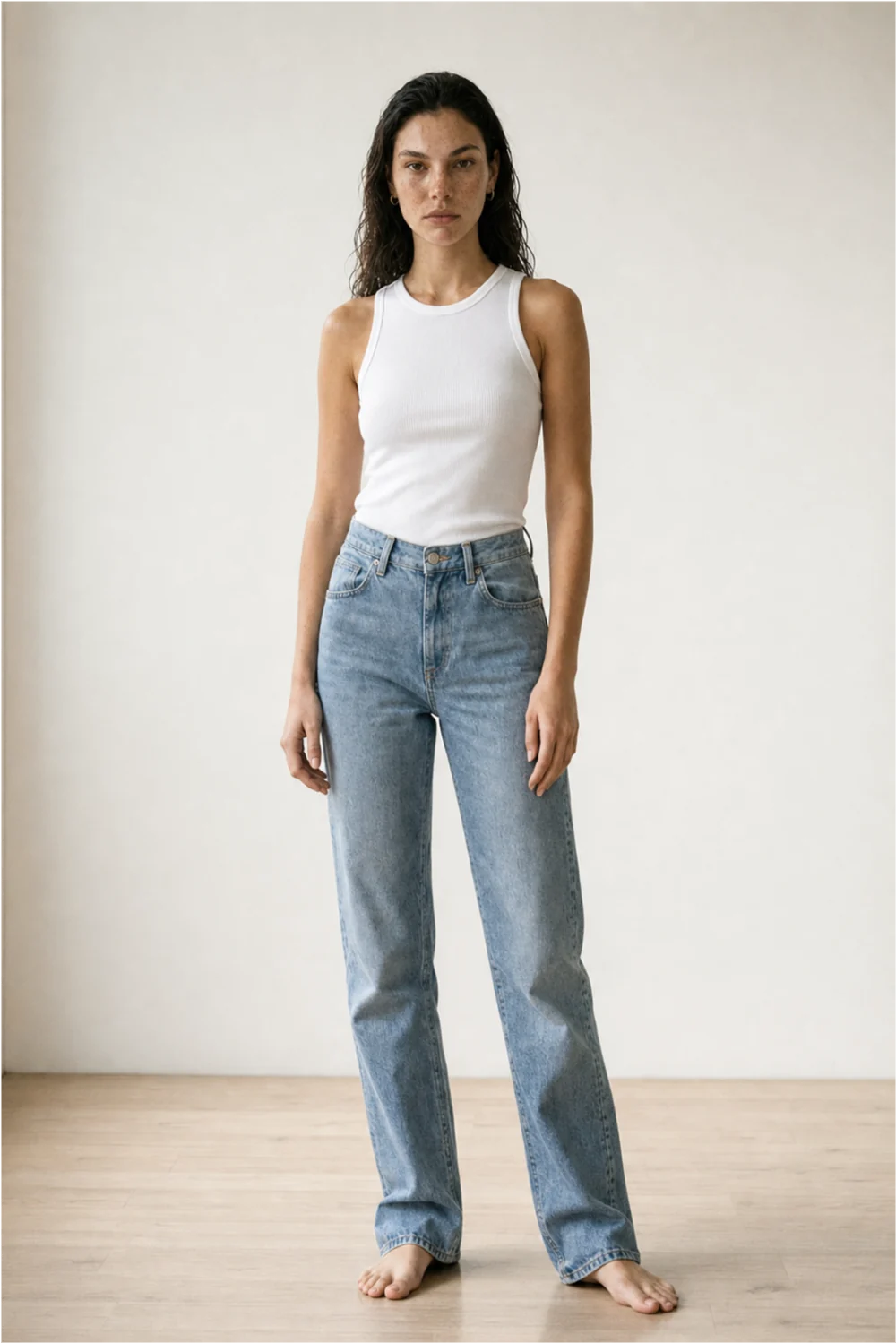 Closer crop of the model, from head to knees