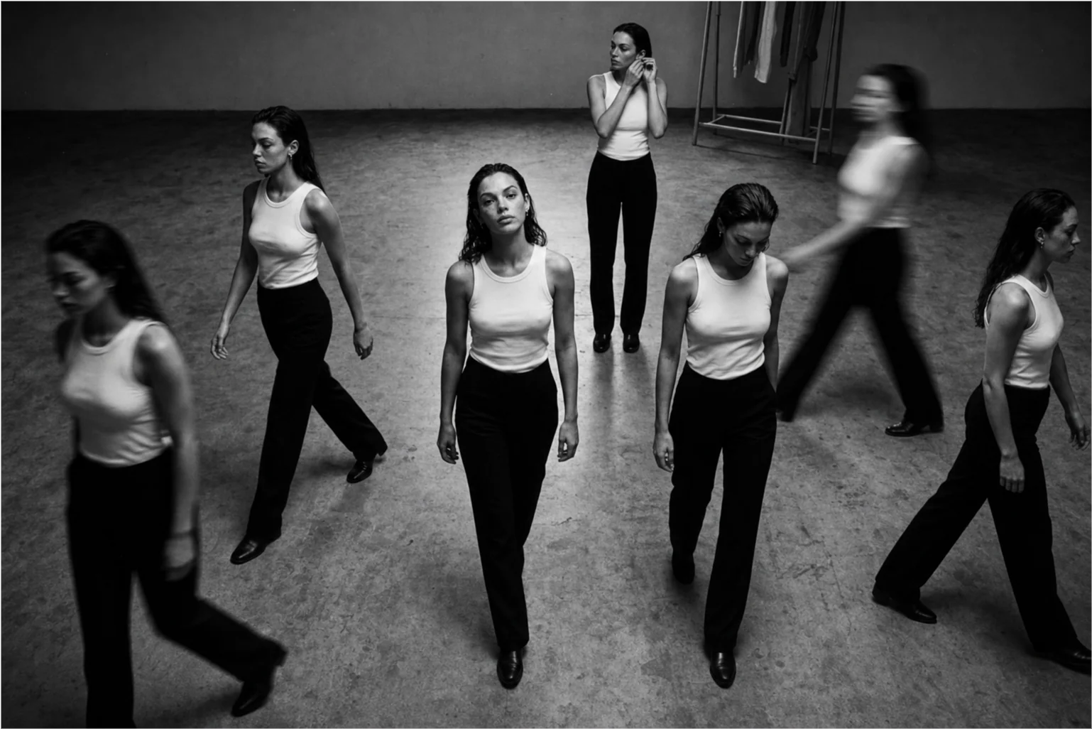 Black and white study showing the model in multiple positions across the same space