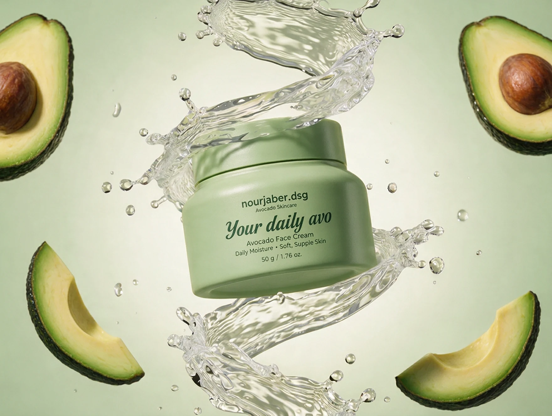 Your Daily Avo jar surrounded by a water splash and avocado slices