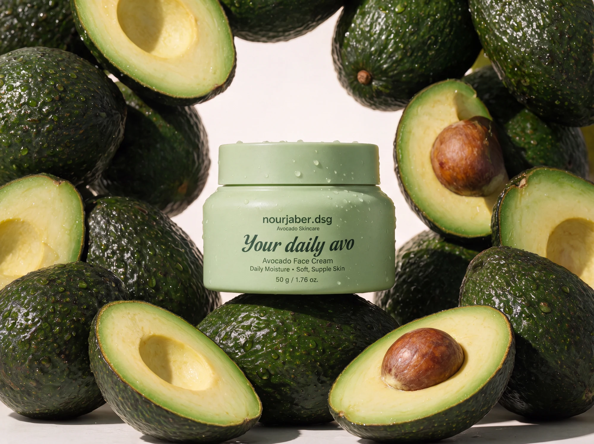Pastel-green skincare jar displayed among fresh whole and sliced avocados
