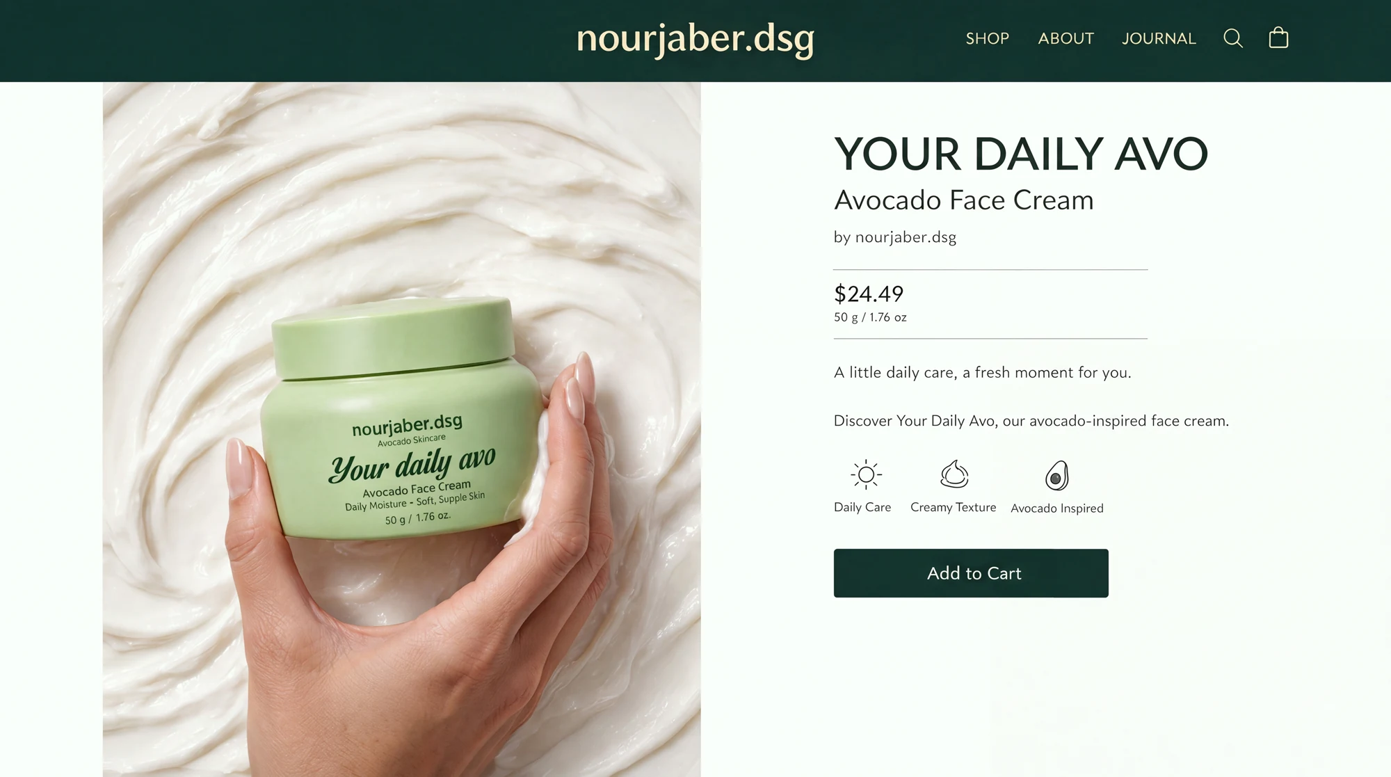 Your Daily Avo e-commerce product page concept with skincare photography and product details
